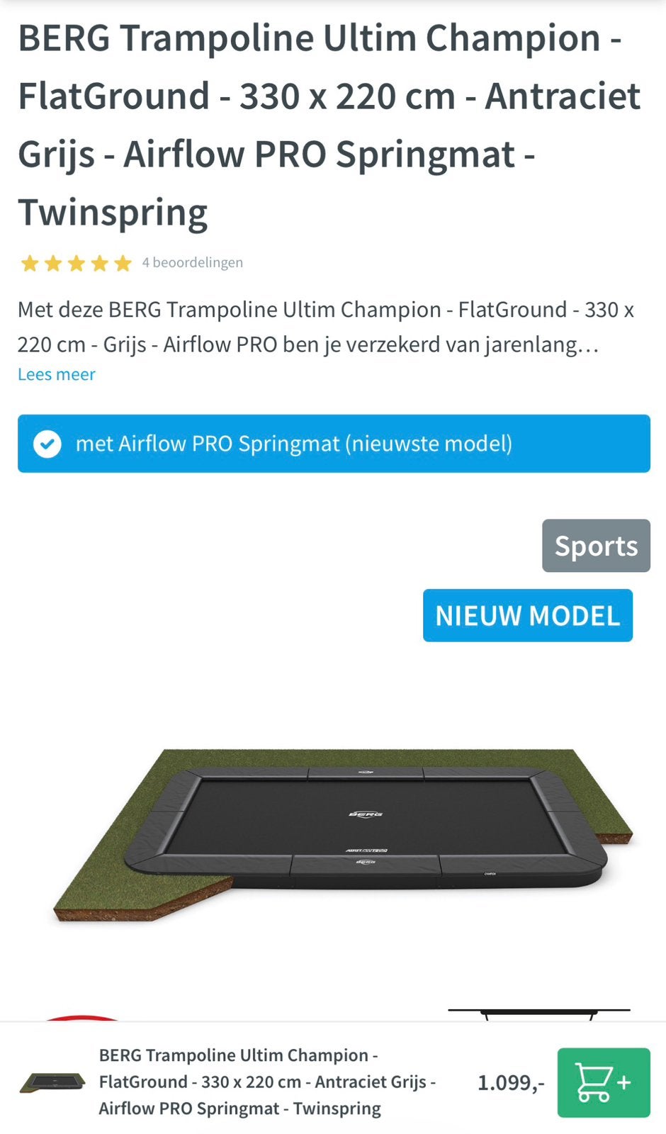 Berg Ultim flatground trampoline 330x220 grijs B-keuze, Ophalen, Nieuw