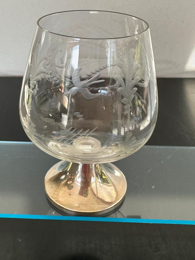 Oud geslepen kristal Cognac glas zilver voet, Antiek en Kunst, Ophalen of Verzenden