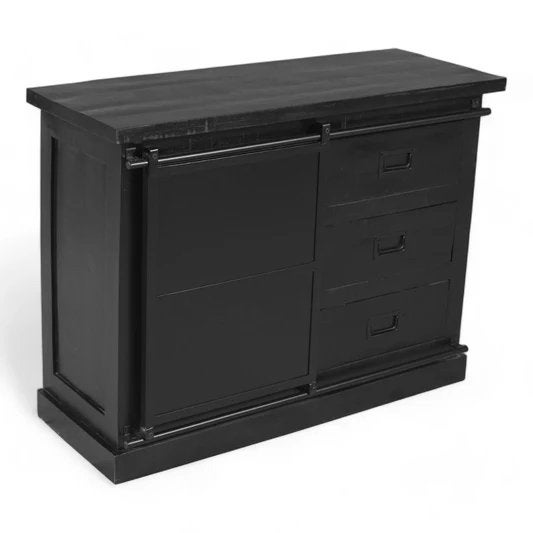 Dressoirkast Zwart Mangohout/metaal, Ophalen, 50 tot 100 cm, Zo goed als nieuw, Met lade(s)