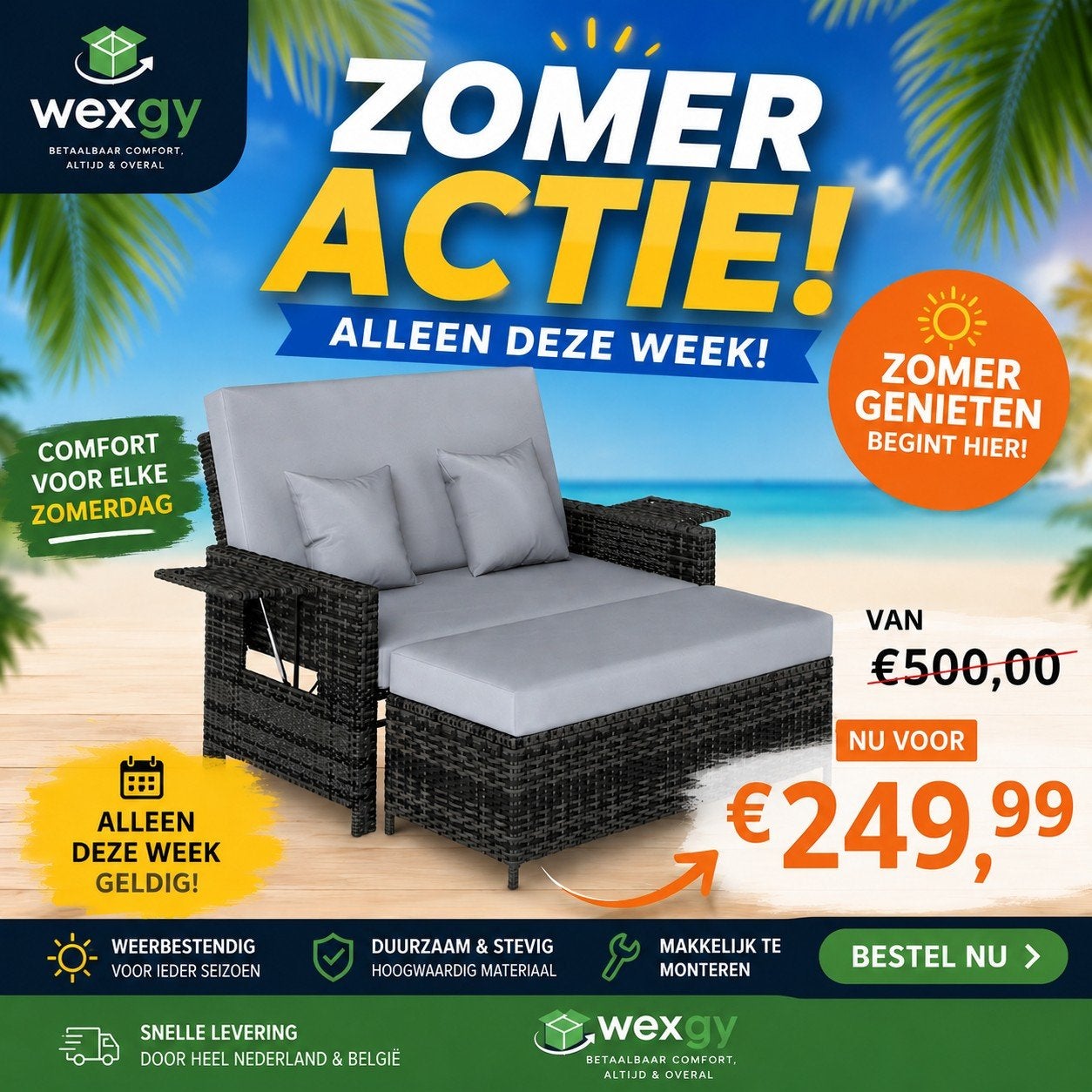 Zomer DEAL€500/€249,99 loungebank 2-zits set nieuw in doos, Tuin en Terras, Ophalen of Verzenden, Nieuw