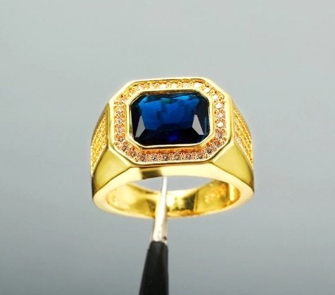 Blauwe zirkoon 925 zilveren met goud heren ring, Sieraden, Tassen en Uiterlijk, Ringen, 20 of groter, Heer, Nieuw, Ophalen of Verzenden