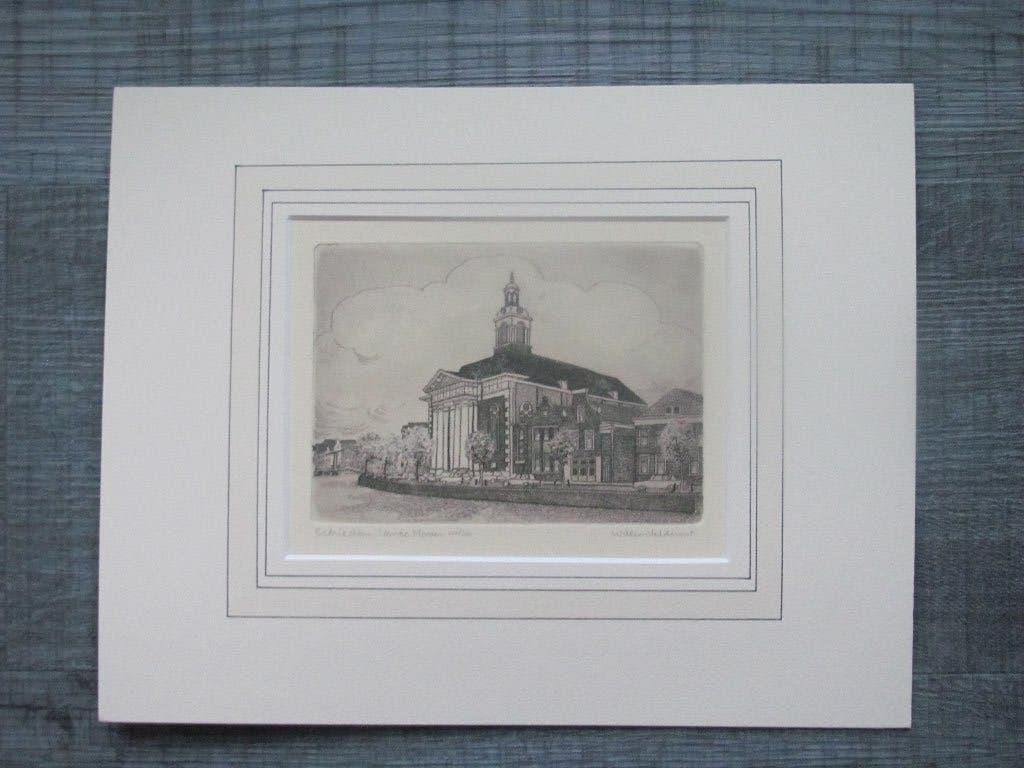 Schiedam - 2 etsen van Willem Veldhorst, Antiek en Kunst, Origineel, Stadsgezicht, Ophalen of Verzenden, 12 cm