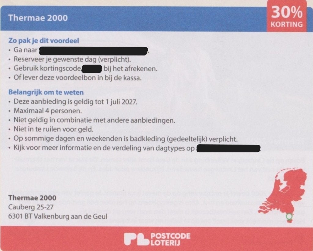 Thermae 2000. 30% korting p.p. Postcodeloterij kortingsbon., Drie personen of meer, Kortingsbon, Spa of Sauna