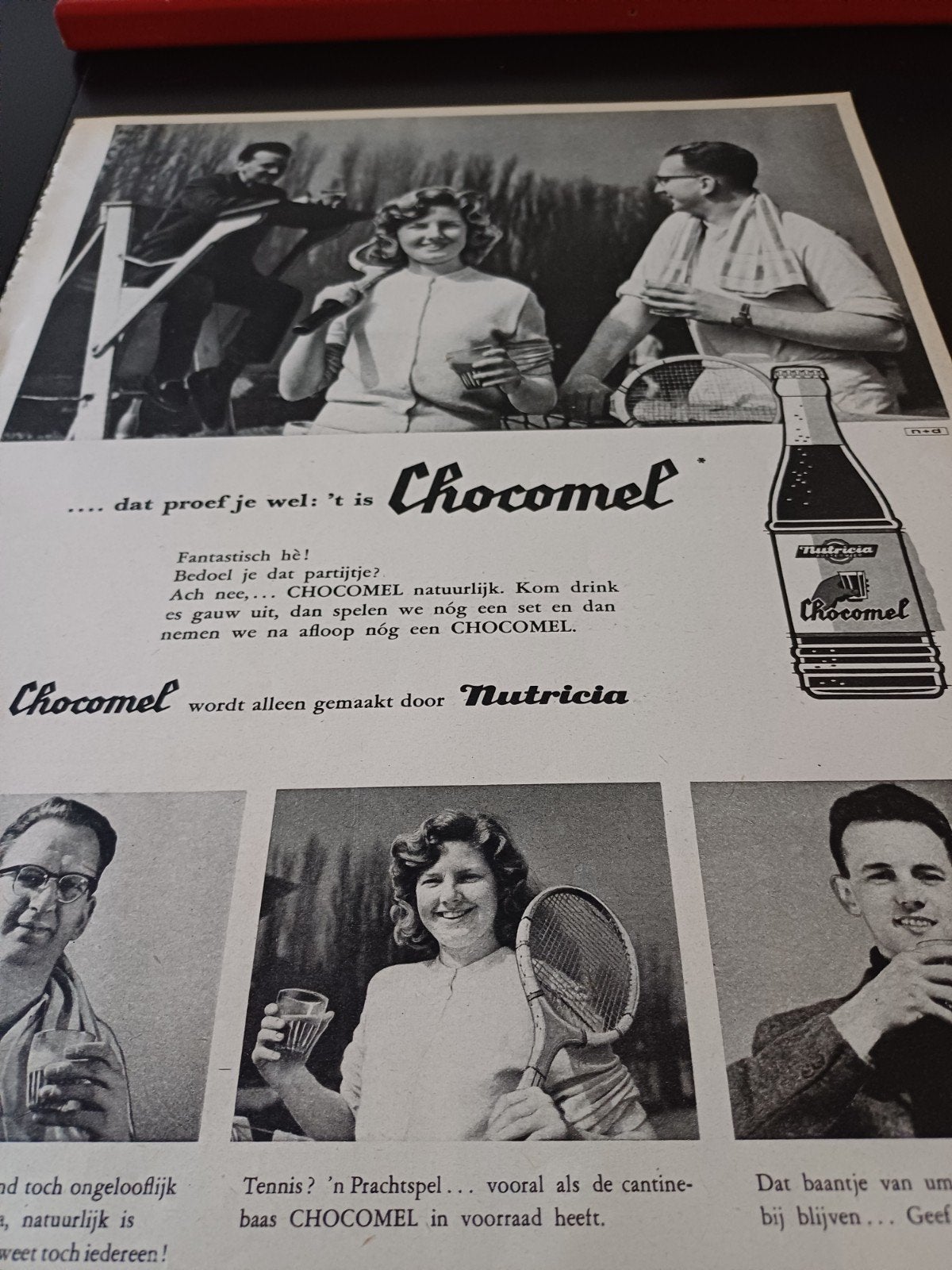 advertentie Nutricia Chocomel tennis 1957, Verzamelen, Ophalen of Verzenden, Zo goed als nieuw, Overige typen