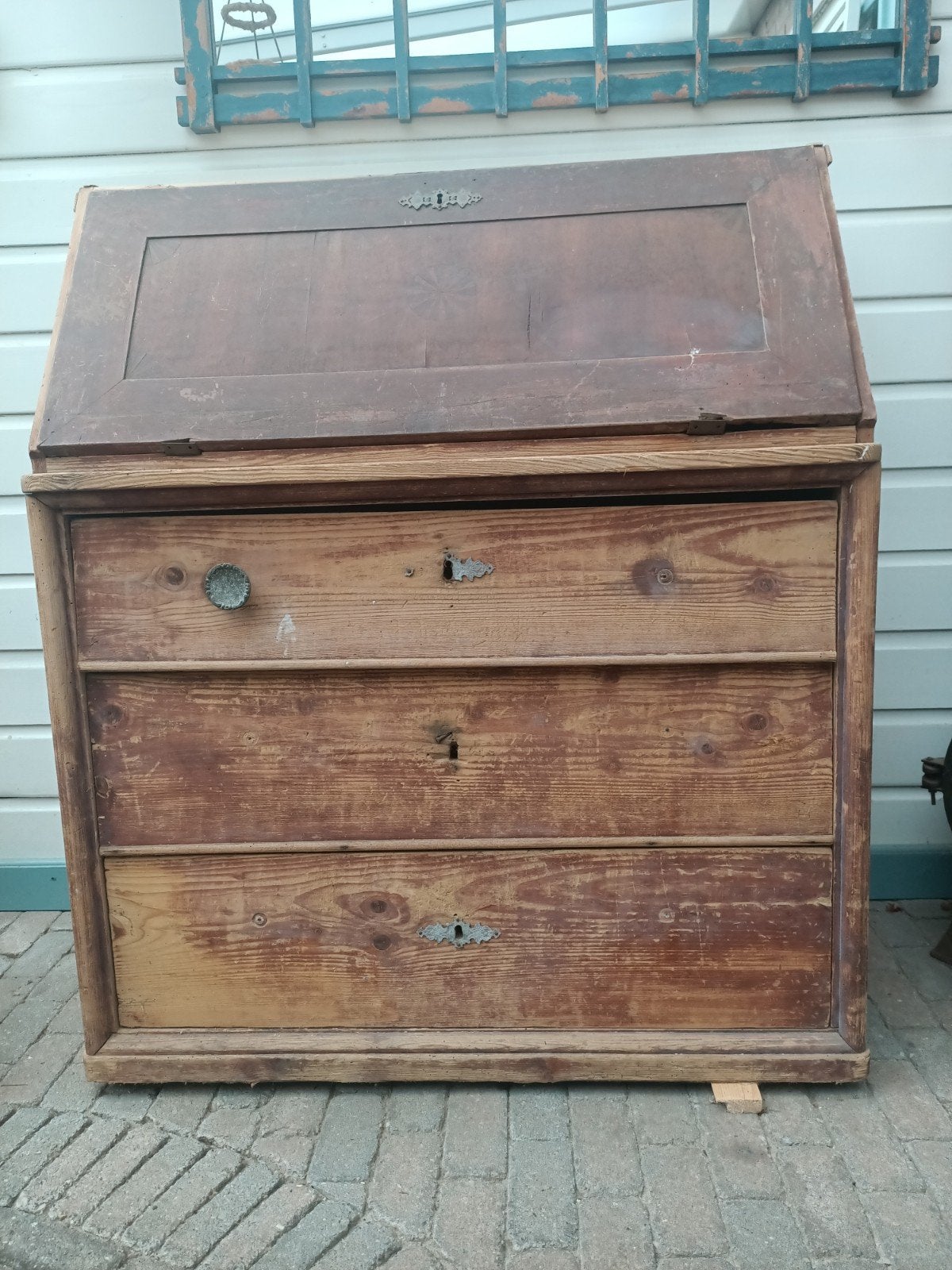 Oud brocante grenen secretaire OPKNAPPER., Ophalen, Gebruikt