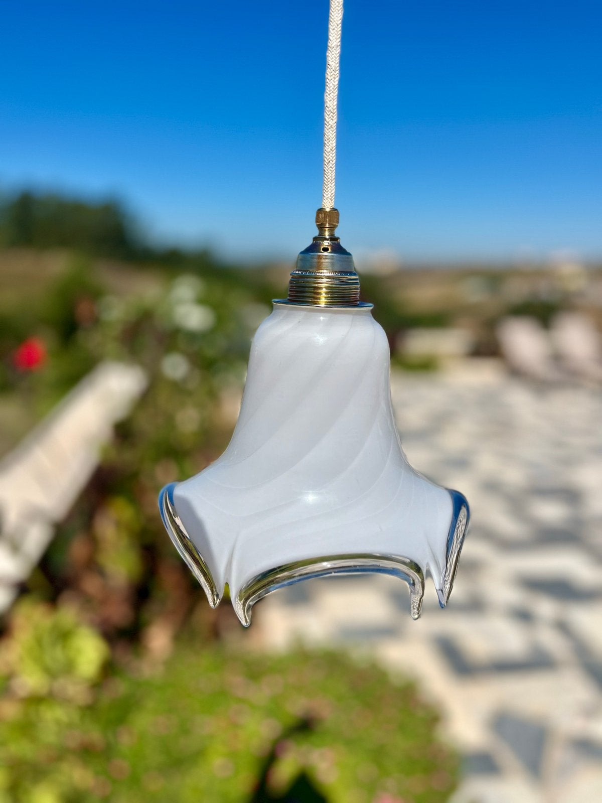 Murano Elégance Italiaanse Vintage hanglamp - Wit opaal, Ophalen of Verzenden, Zo goed als nieuw, Glas, E27 (groot)