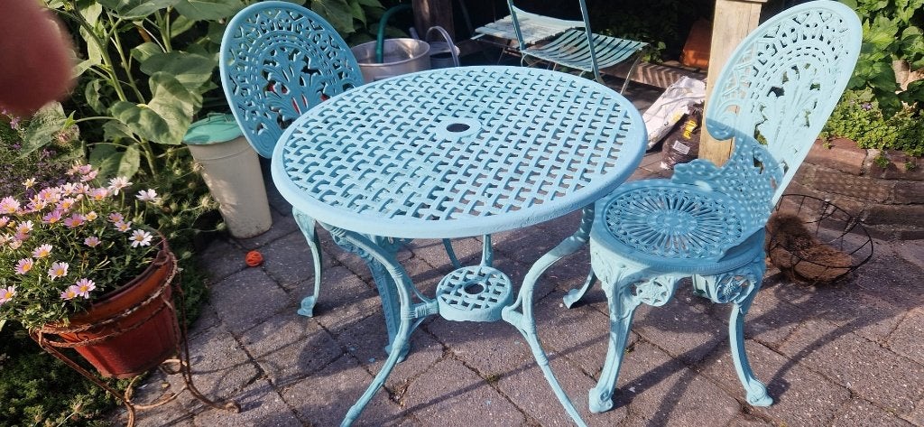 Bistrosetje tafel + 2 stoelen (brocante), Gebruikt, Bijzettafel, Aluminium, Tuinset