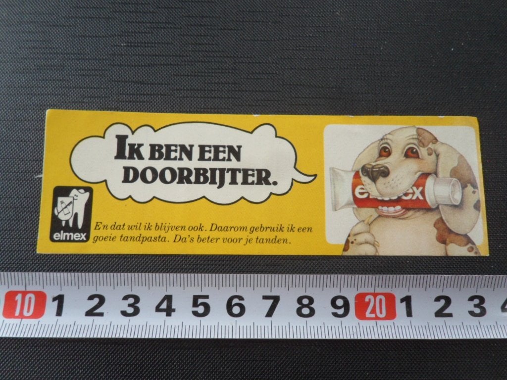 sticker  ELMEX Ik ben een doorbijter, Verzamelen, Ophalen, Zo goed als nieuw