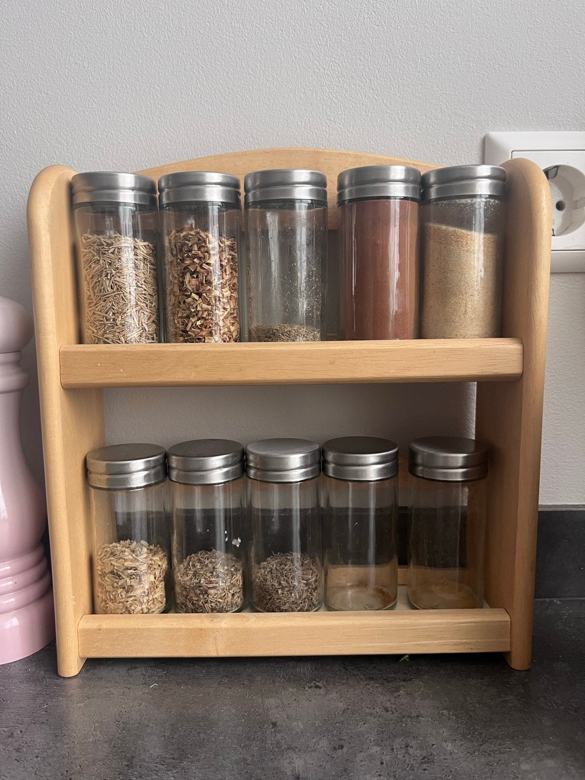 Houten kruidenrek met glazen potjes, Hout, Ophalen of Verzenden, Bruin, Overige typen