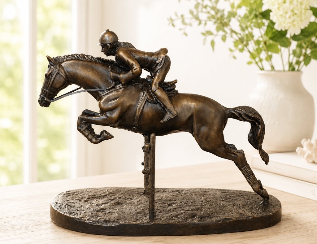 SPRINGPAARD MET AMAZONE / BRONZEN BEELD, Ophalen of Verzenden, Handgemaakt, Brons, Beeld