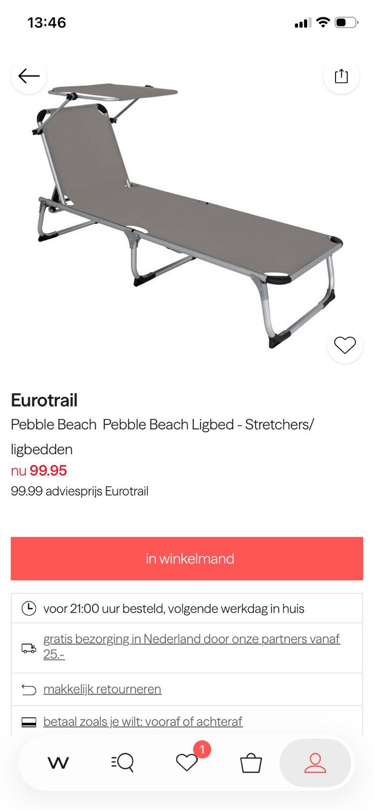 Ligbed eurotrail, Ophalen of Verzenden, Zo goed als nieuw, Aluminium