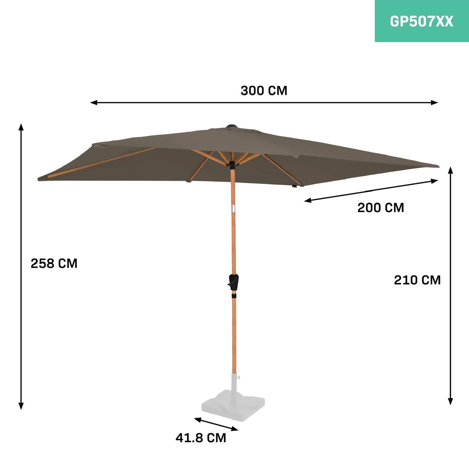 Parasol 200x300cm | Rechthoekig | Houtlook | Taupe, Ophalen, Kantelbaar, 2 tot 3 meter, Zo goed als nieuw