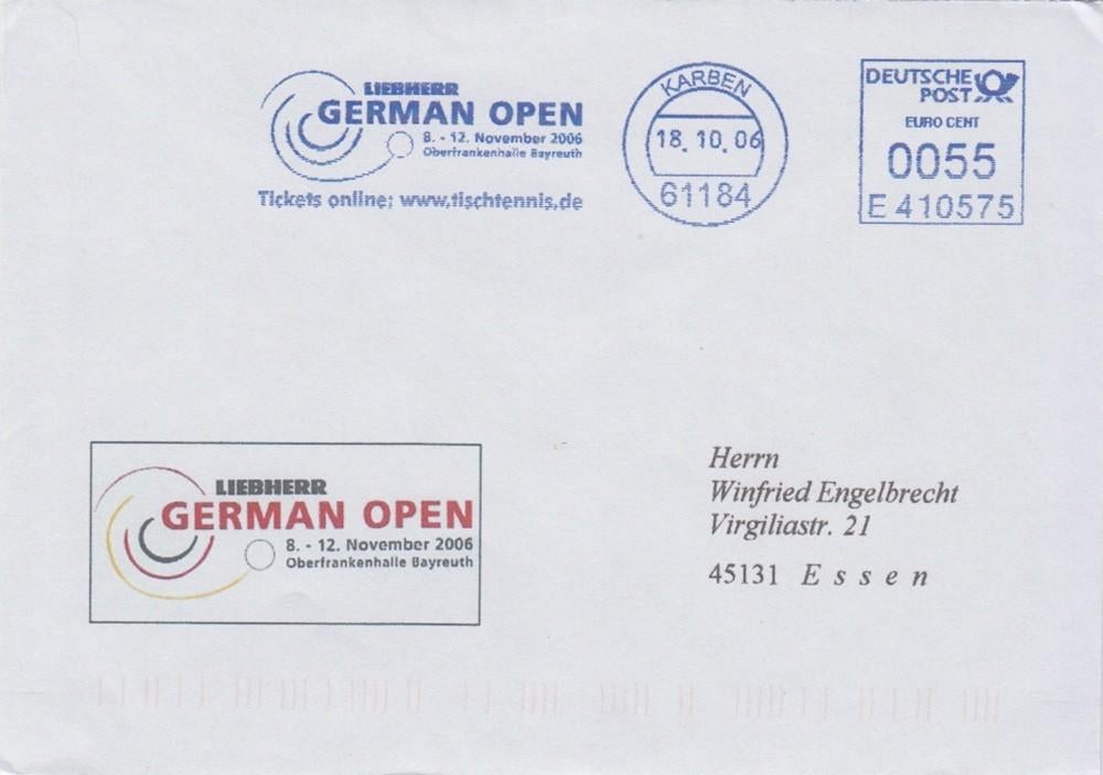 Tafeltennis brief met spec. stempel en vignet German Open, Postzegels en Munten, Brieven en Enveloppen | Buitenland, Brief, Ophalen of Verzenden