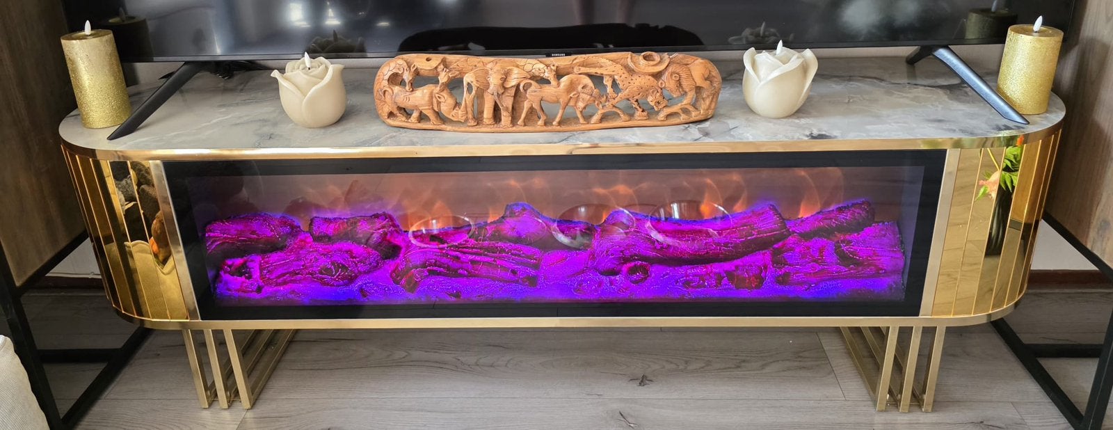 Bluetooth TV tafel met openhaard TV-tavel goud kleurig, Ophalen, Zo goed als nieuw, Licht