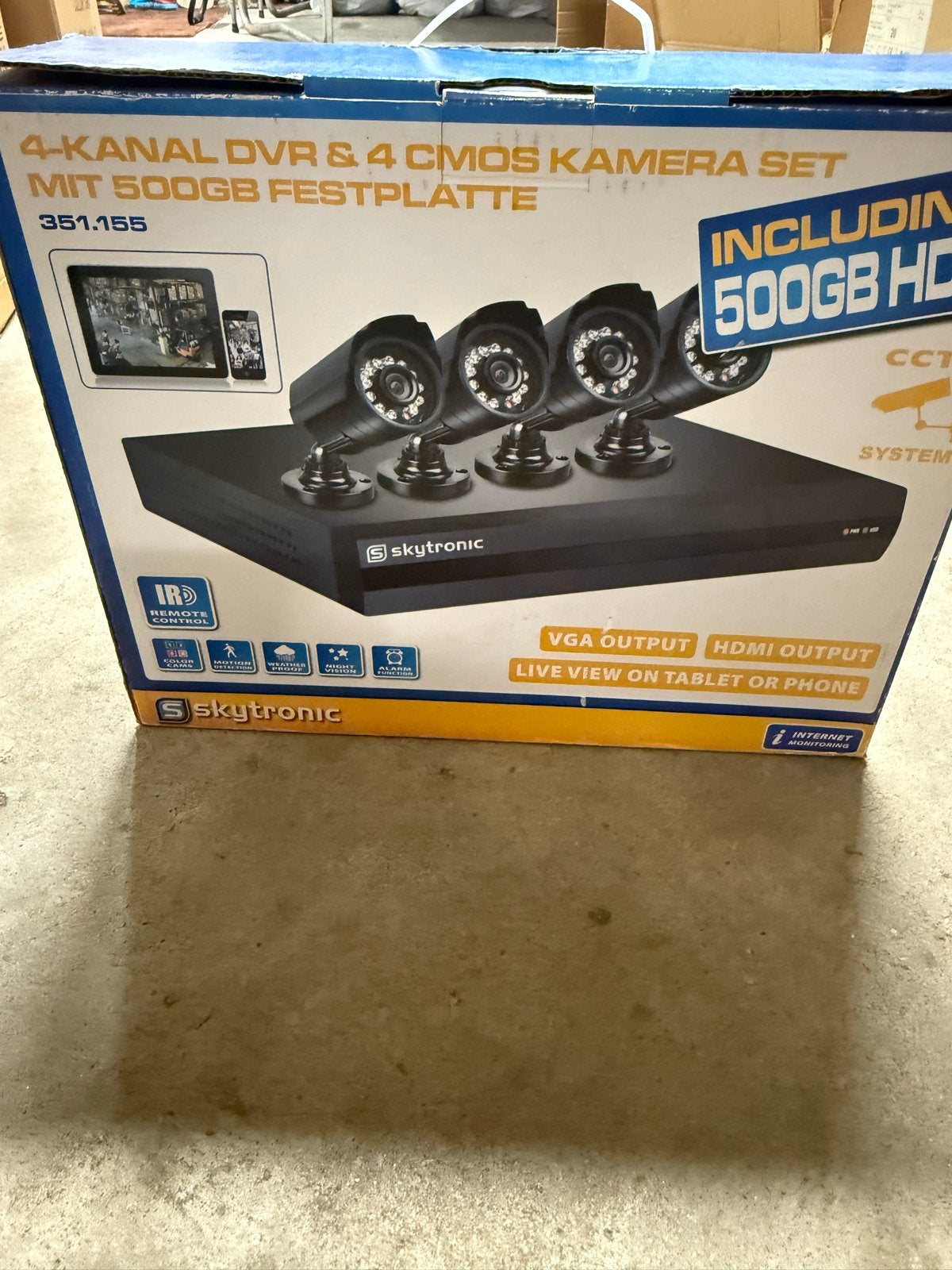 Skytronic 4-kanaals DVR & 4 CMOS camera set met 500GB HDD, Ophalen, Nieuw