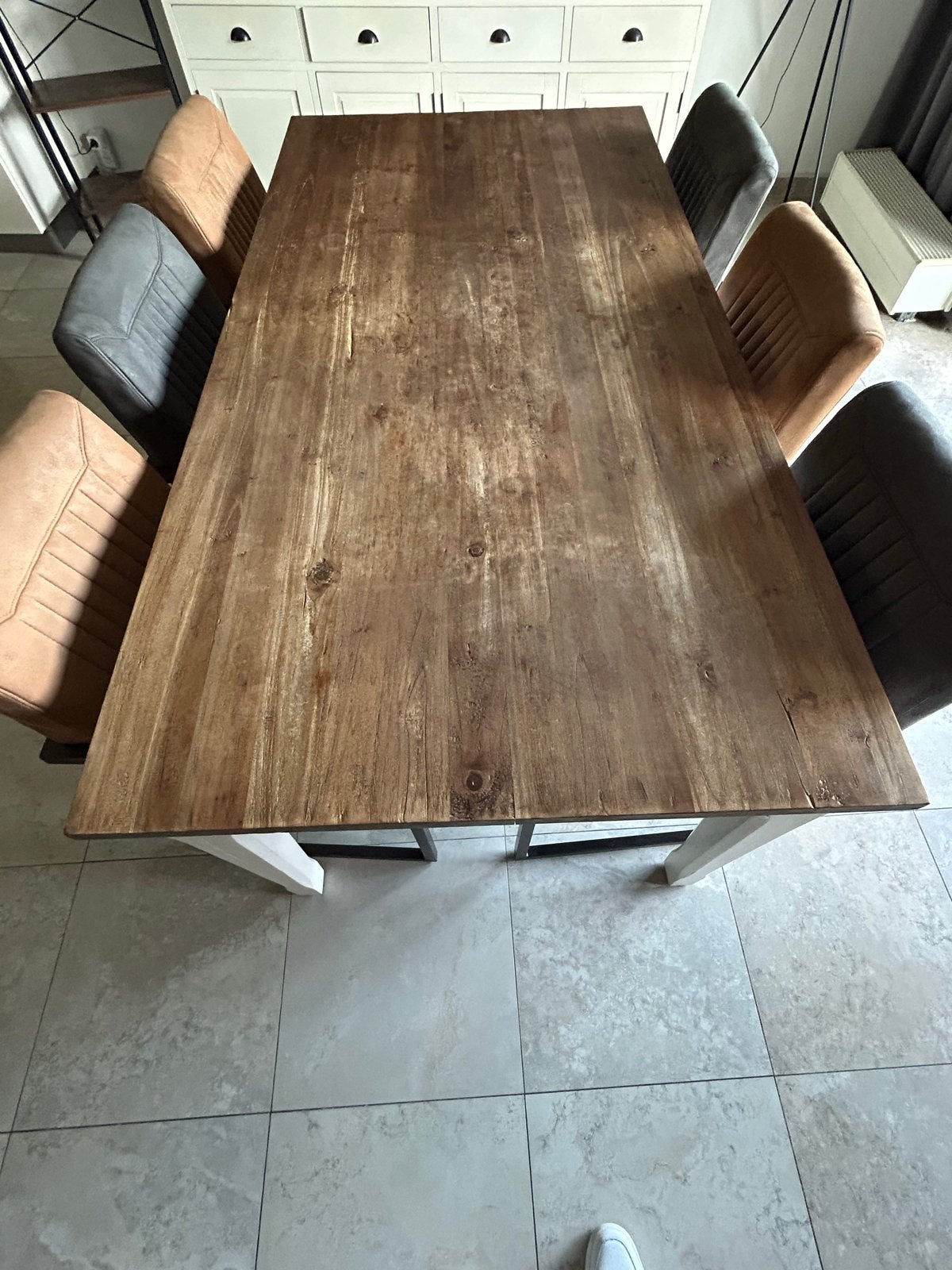 Eettafel 200x100 cm met 6 stoelen (grijs/cognac), Ophalen, Gebruikt, 100 tot 150 cm, Vijf personen of meer