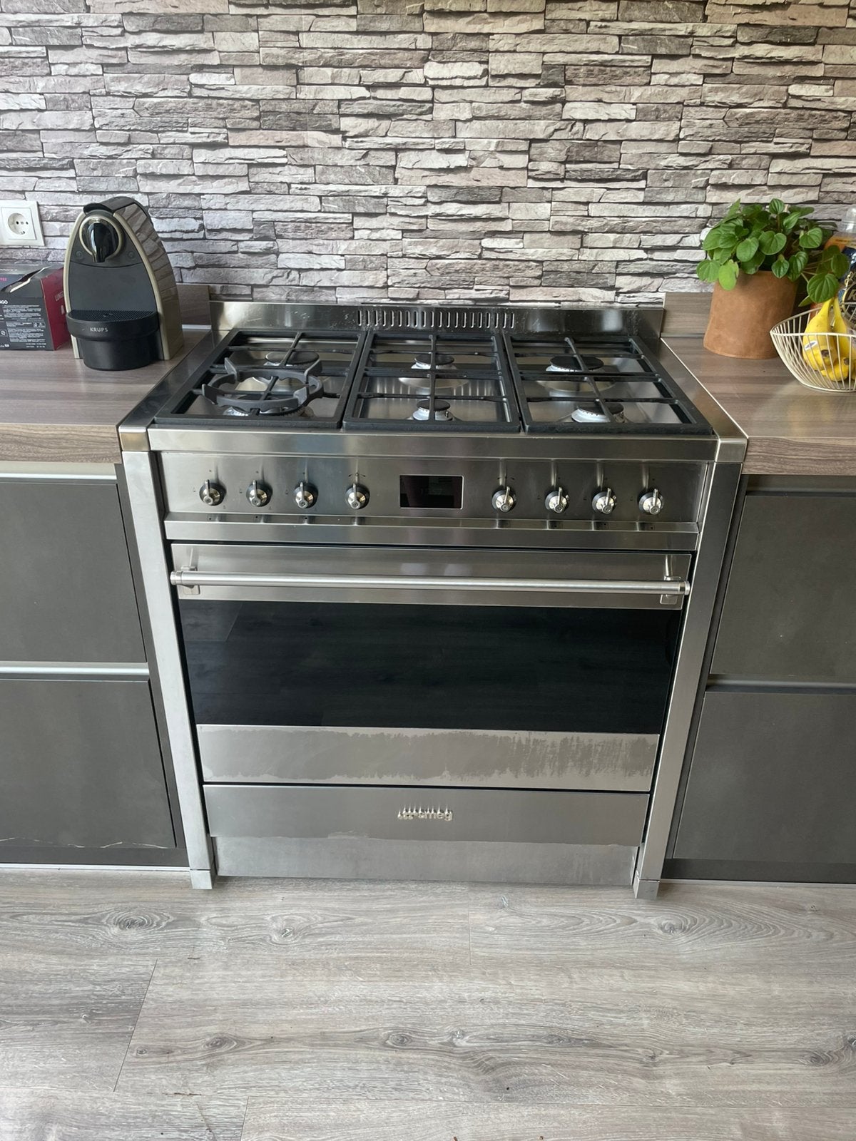 SMEG 90 cm gasfornuis met grote oven – RVS – 6 pits, Ophalen, 60 cm of meer, Zo goed als nieuw, Gas