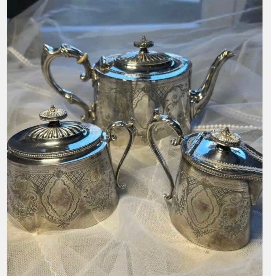 Antiek 3-delig verzilverd servies Sheffield James Dixon Sons, Ophalen of Verzenden