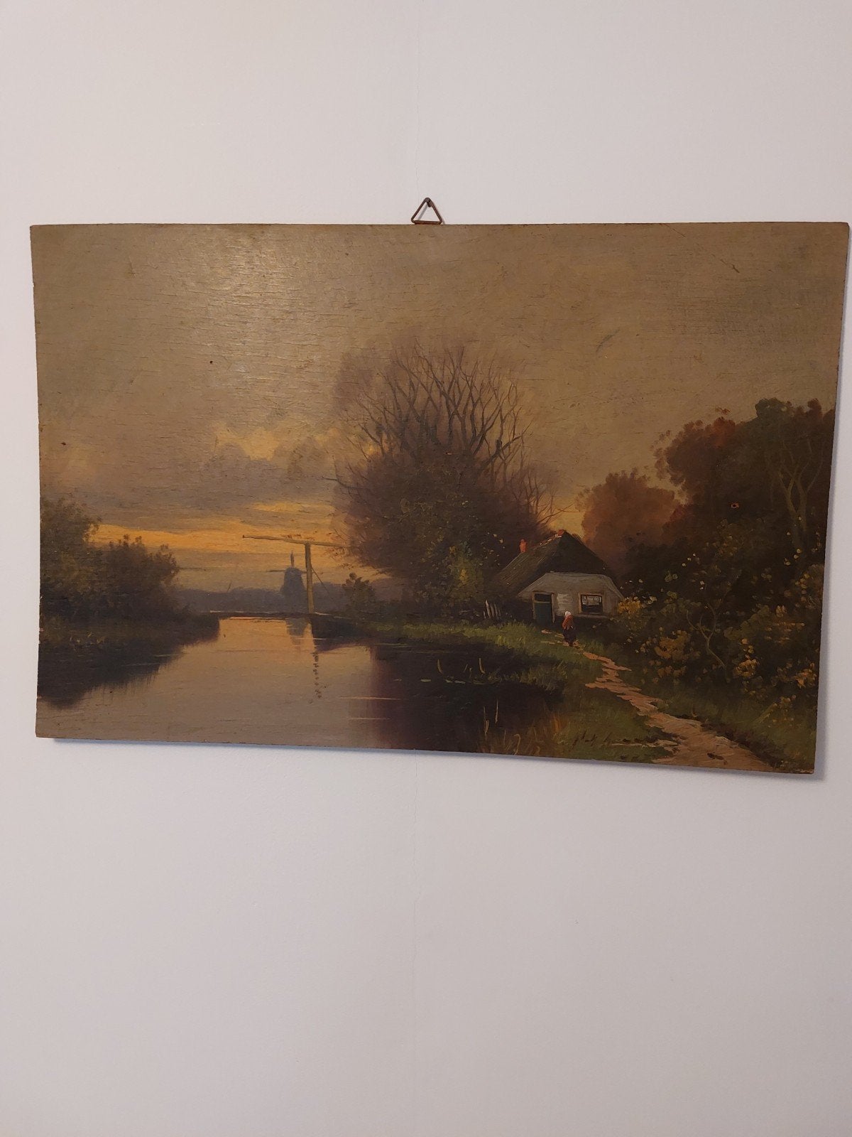 H.Hermans ? Boerderij, Molen, en brug langs het water., Antiek en Kunst, Paneel, Oud hollands, Ophalen of Verzenden, Landschap