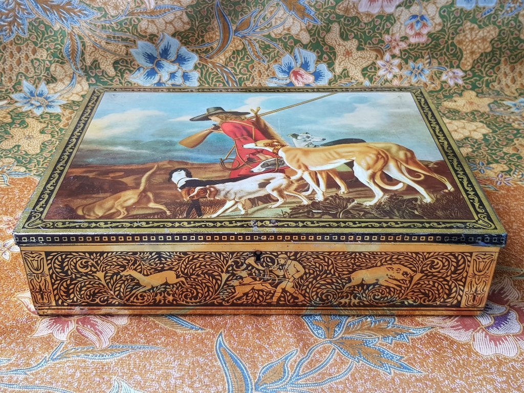 Mooi oud vintage koekjesblik uit Engeland met vossenjacht., Ophalen of Verzenden
