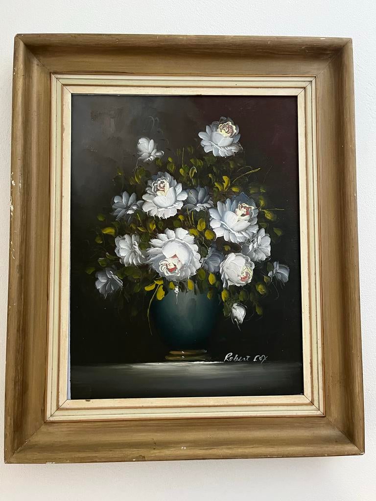 Schilderij met witte bloemen in vaas - gesigneerd Robert Cox, Ophalen of Verzenden
