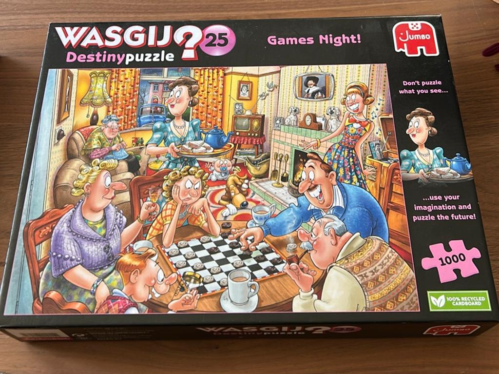 Wasgij puzzel spelletjesavond - 1000 stukjes, Ophalen of Verzenden, 500 t/m 1500 stukjes, Zo goed als nieuw