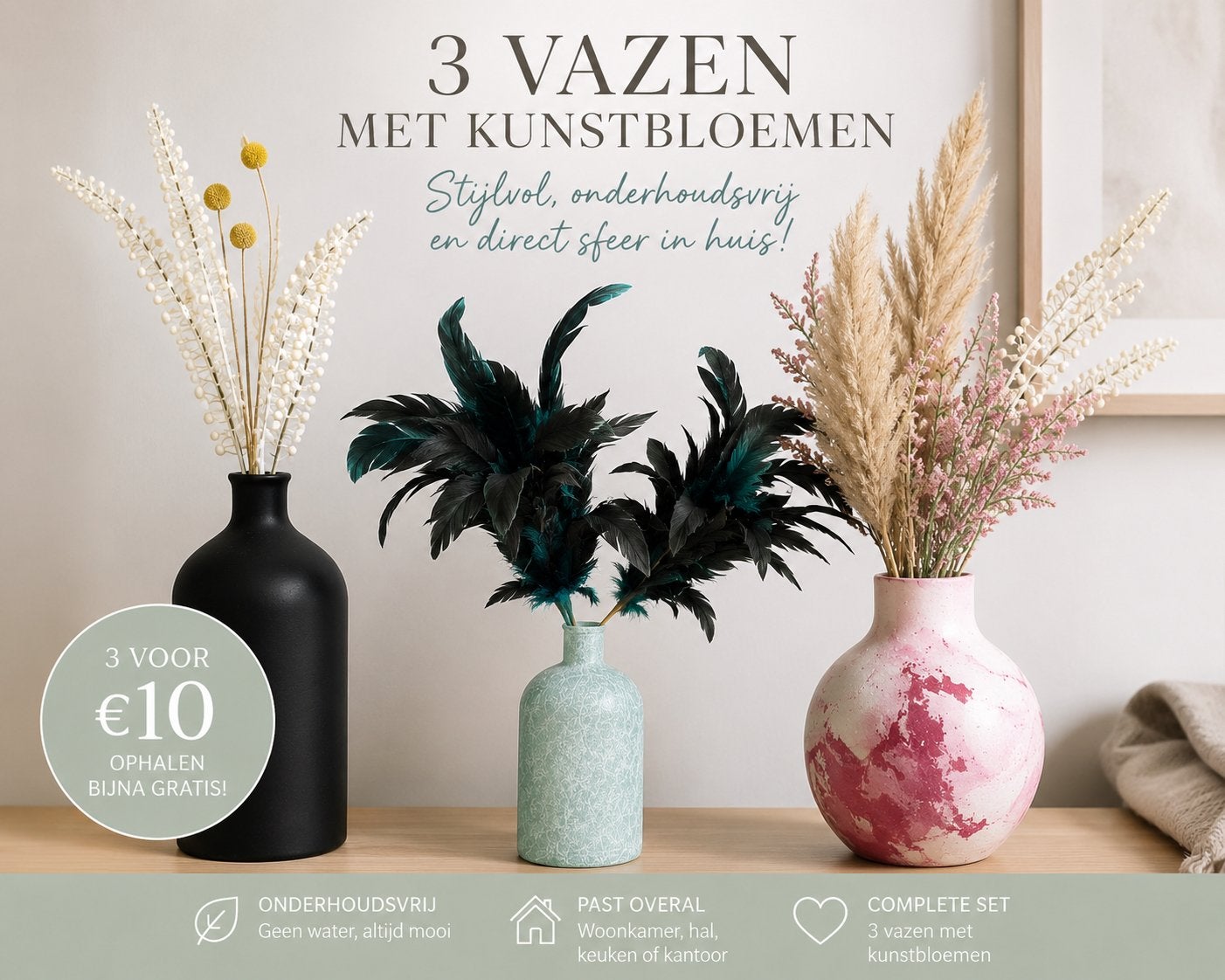 3 Vazen met kunstbloemen - Stijlvol en onderhoudsvrij, Huis en Inrichting, Woonaccessoires | Vazen, Ophalen, Nieuw, Steen/keramiek