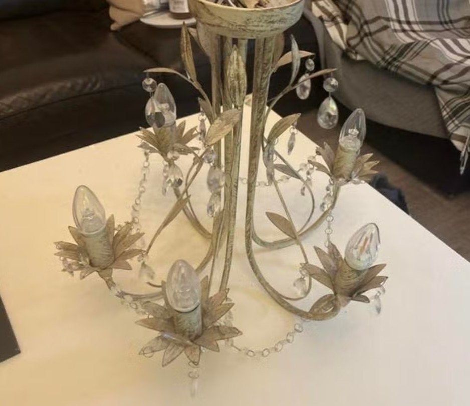 Kroonluchter met Kristallen - Crème/Goud, Ophalen, Gebruikt, E14 (klein), Vintage, Klassiek, Romantisch