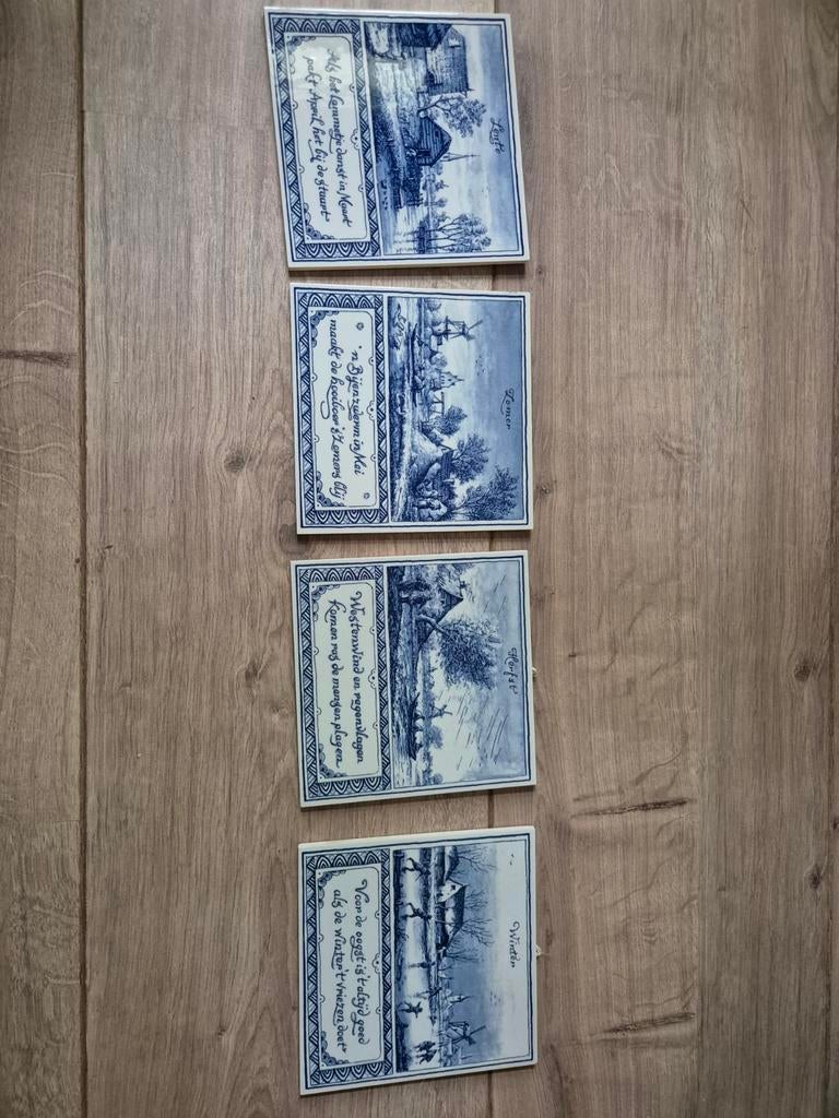 Set van 4 Delfts Blauwe Tegels - Vier Jaargetijden 15x15cm, Antiek en Kunst, Ophalen of Verzenden