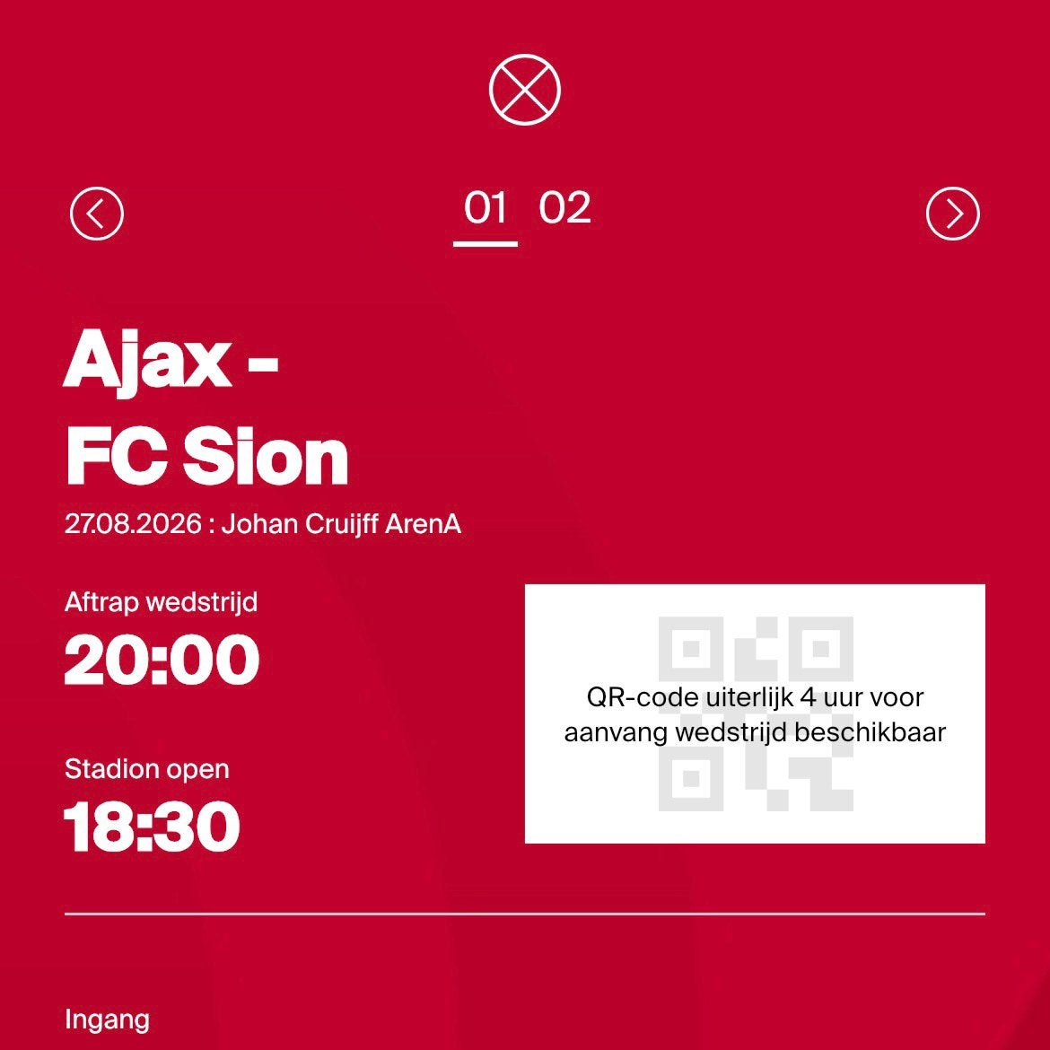 Vak 119 - 2 tickets rij 19 Ajax - FC Sion, Losse kaart, Twee personen, Augustus, Europa of Champions League