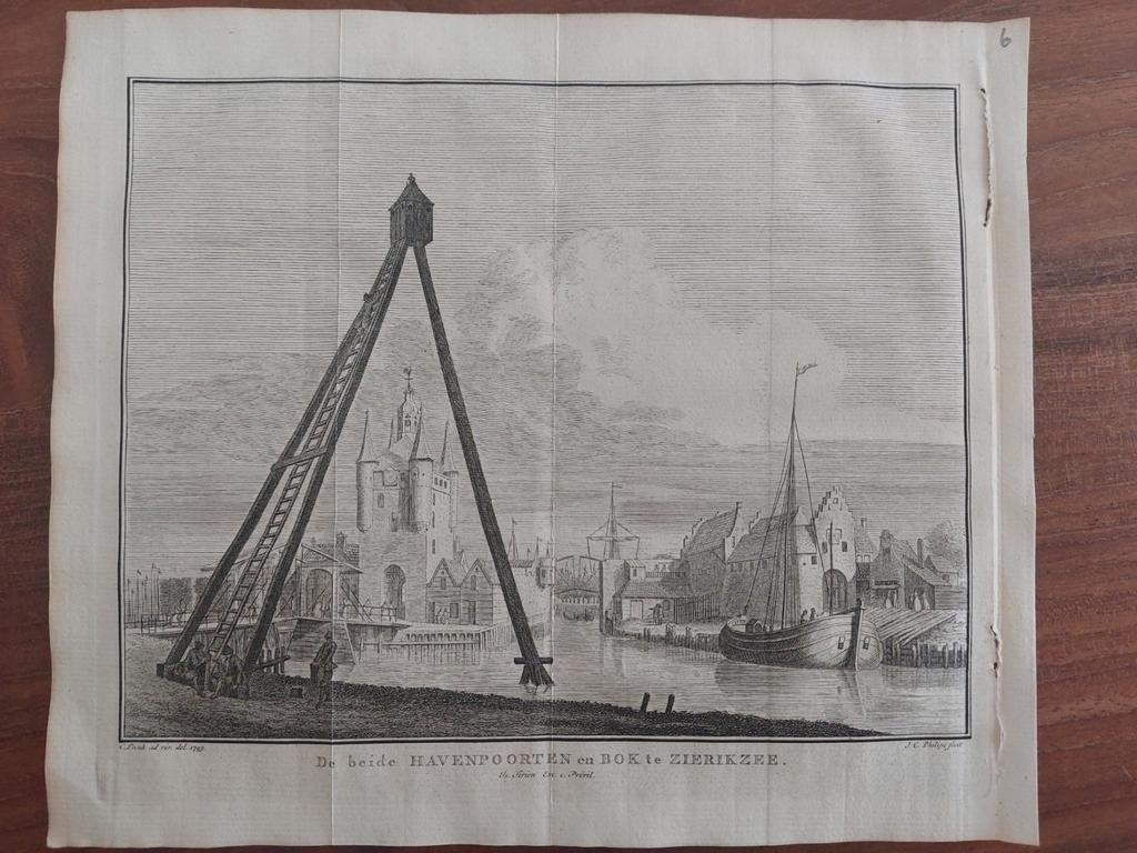 6 Havenpoorten en bok te Zierikzee - Orig. gravure +/- 1750, Ophalen of Verzenden