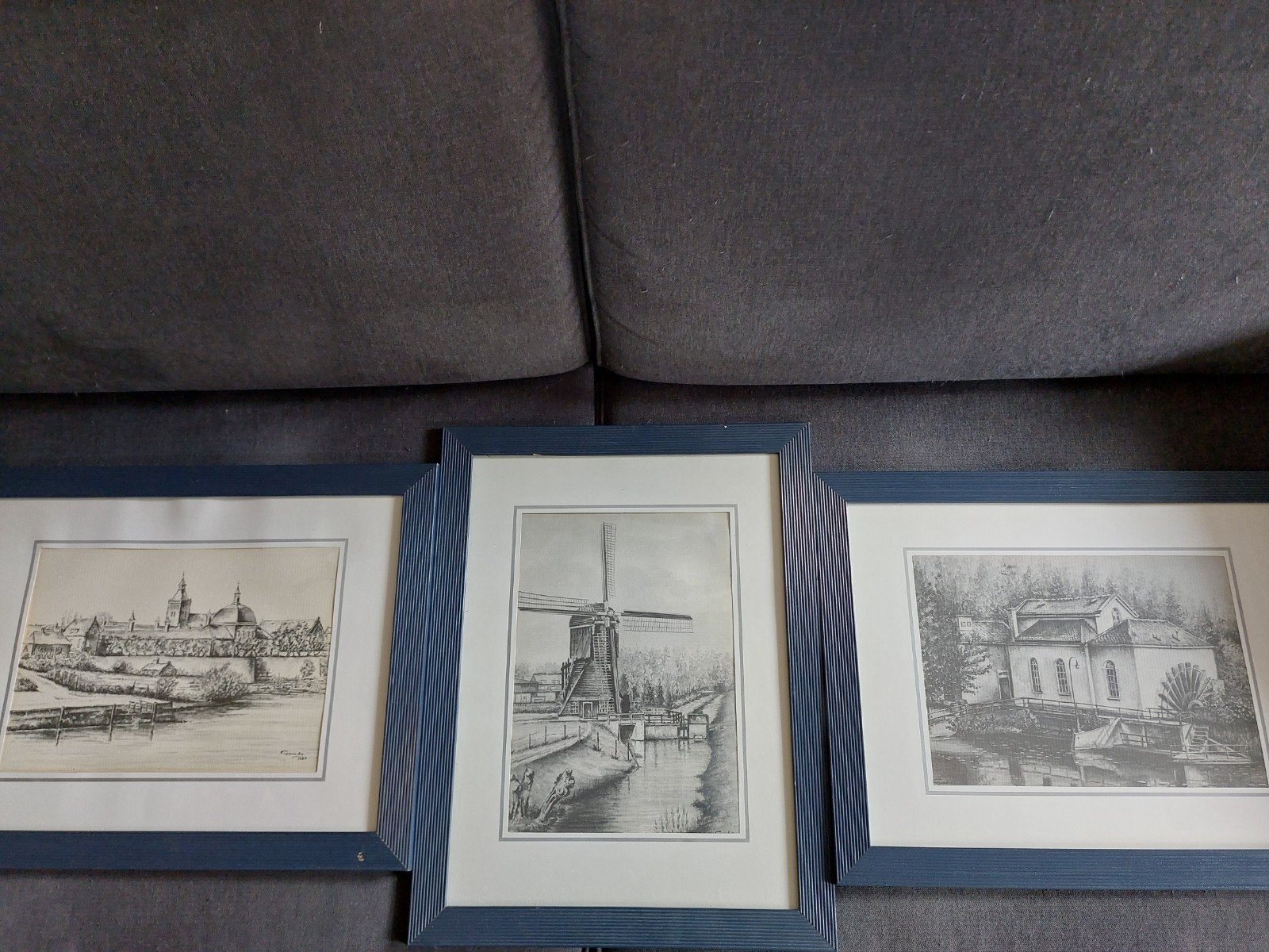 Leerdam set van 3:oude horn, watermolen, hofje/kerk, Ophalen of Verzenden, Tekening, Potloodtekening, Ingelijst