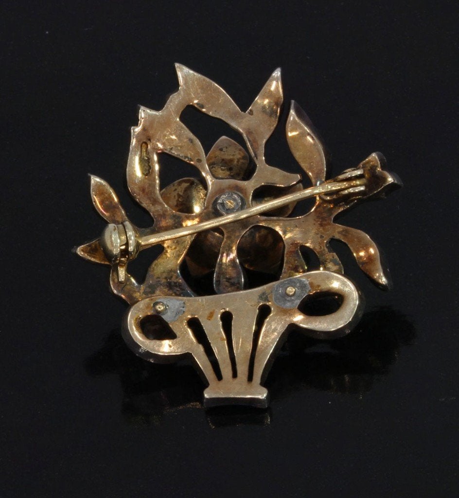 Diamanten antieke giardinetti bloem broche 14k goud zilver, Verzenden, Goud, Broche, Met edelsteen