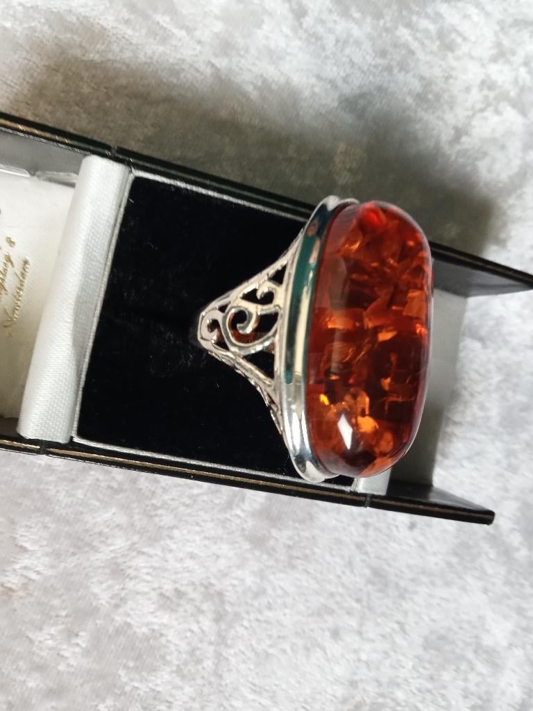 Prachtige Grote Zilveren Ring met Grote Bolle Barnsteen, Sieraden, Tassen en Uiterlijk, Verzenden, Zilver, Ring, Met edelsteen