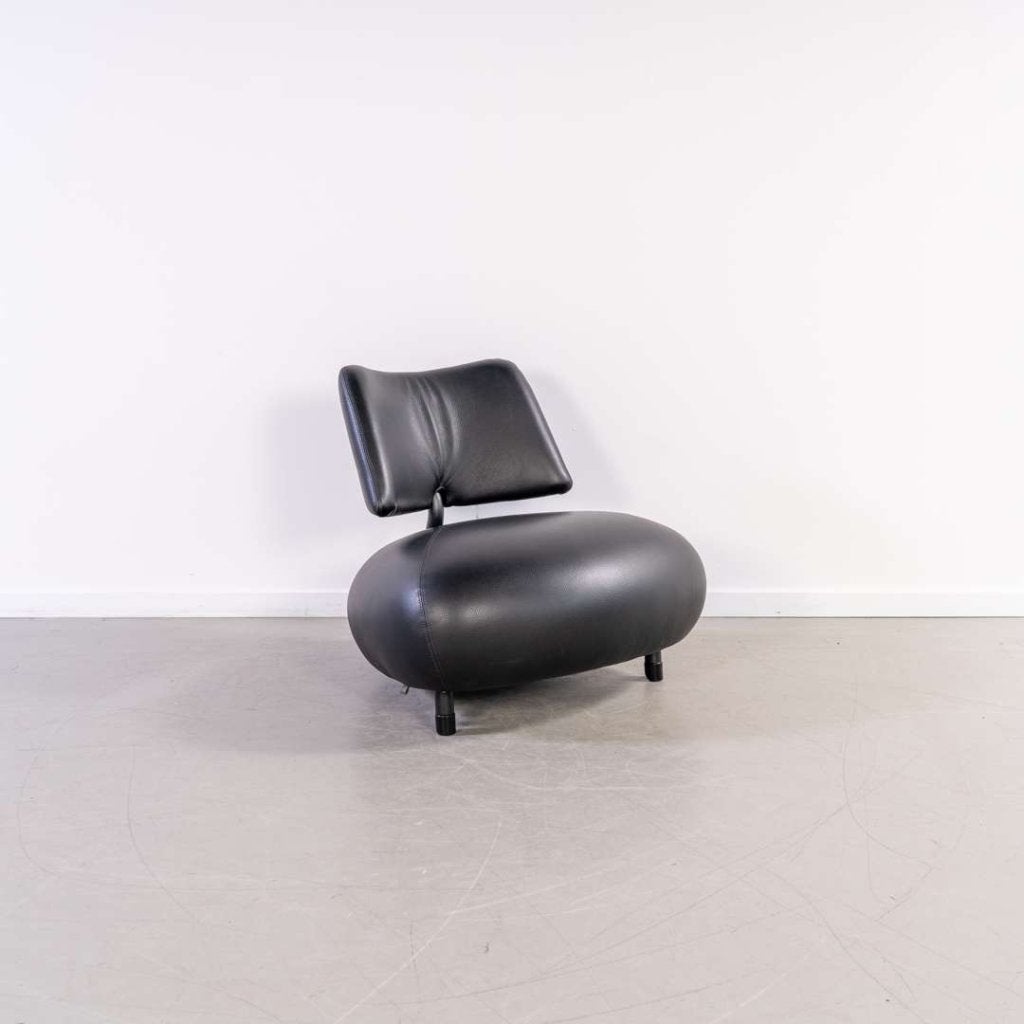 1x Leolux Pallone Fauteuil + Hocker Zwart Leer – Zwart Frame