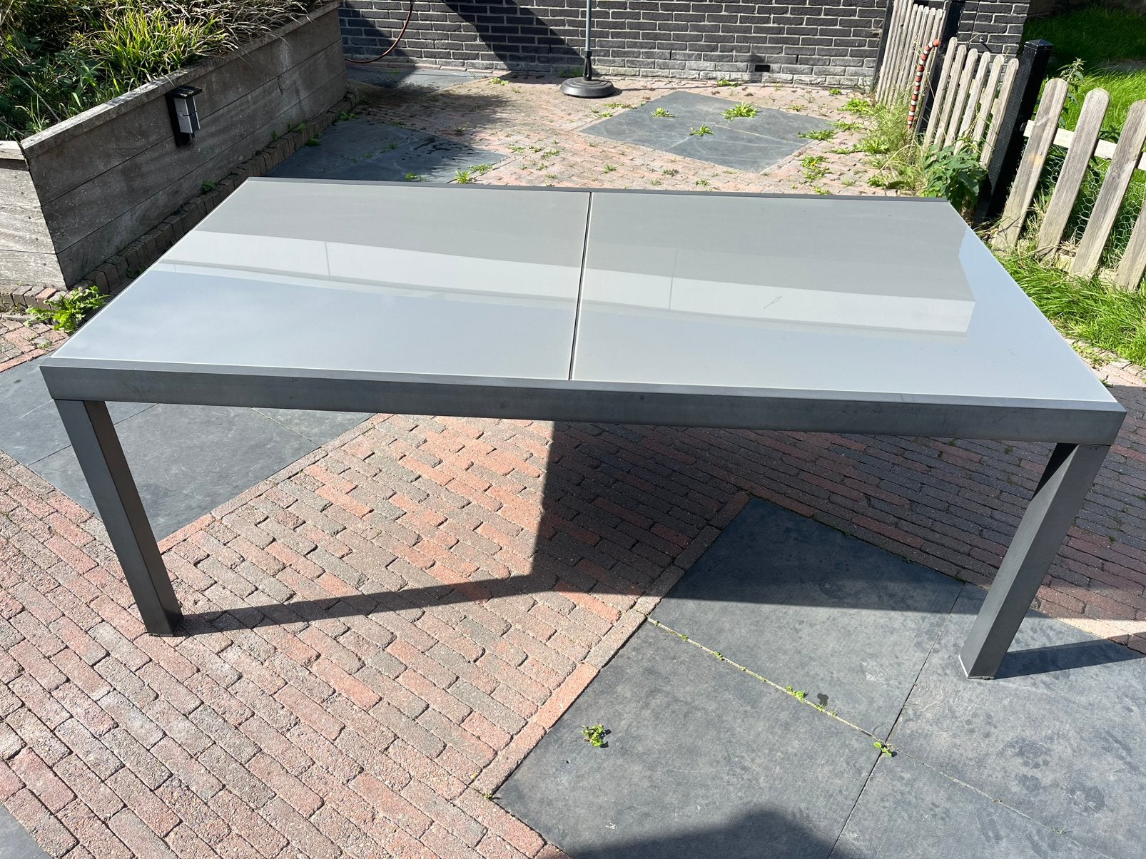 Nette tuintafel glas/aluminium, verstelbaar van 2 naar 3 mtr, Ophalen, Zo goed als nieuw, Rechthoekig, Aluminium