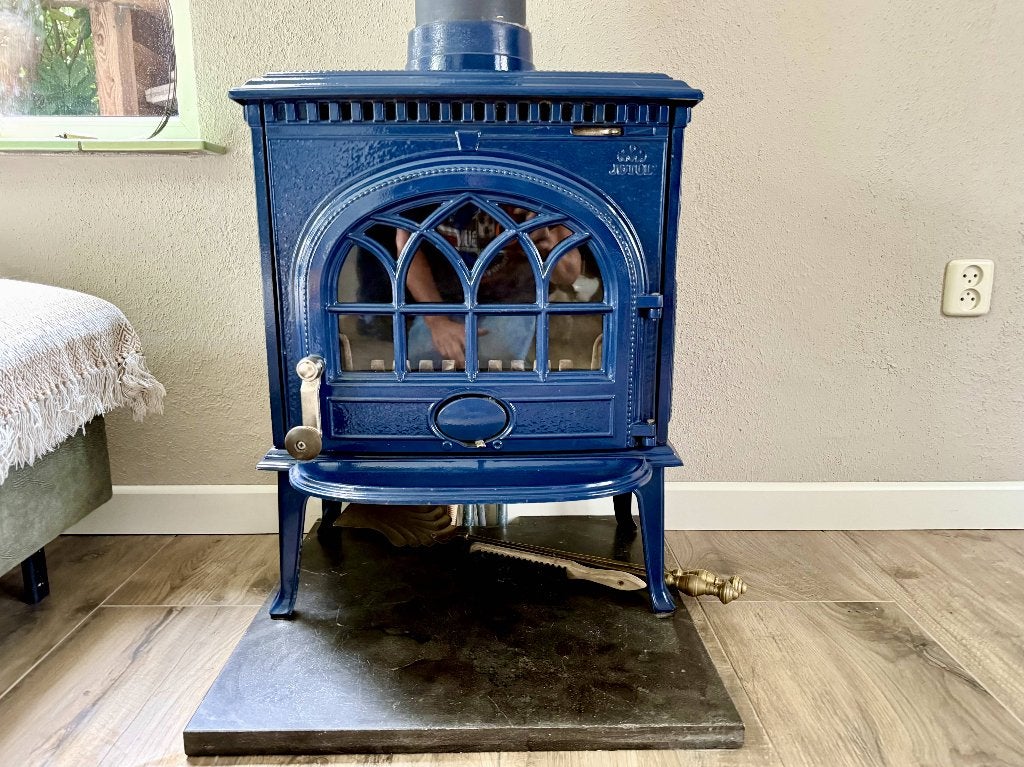 Jotul F3 TD Blauw geëmailleerde gietijzeren houtkachel, Huis en Inrichting, Ophalen, Gebruikt, Houtkachel, Vrijstaand