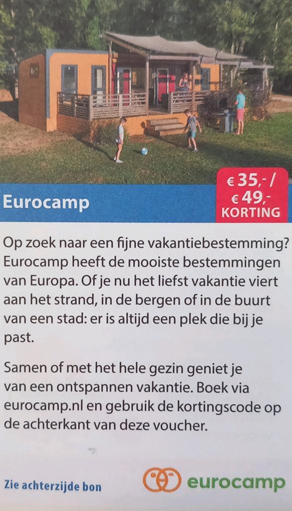 Eurocamp 35/49 euro korting per week of €7/€5 kortin p nacht