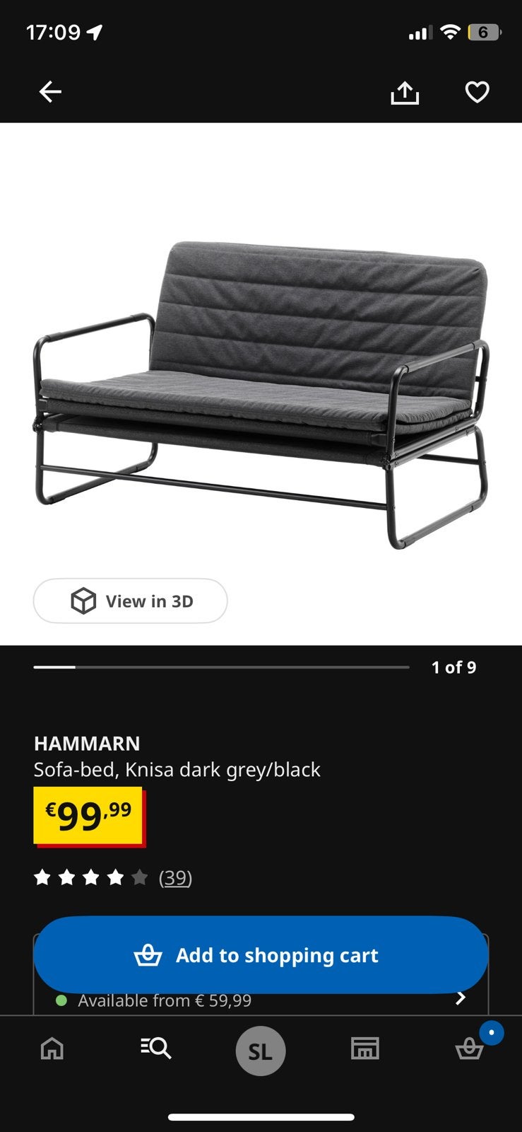 IKEA HAMMARN slaapbank - Donkergrijs/Zwart, Ophalen, Tweepersoons, Zo goed als nieuw, 120 cm