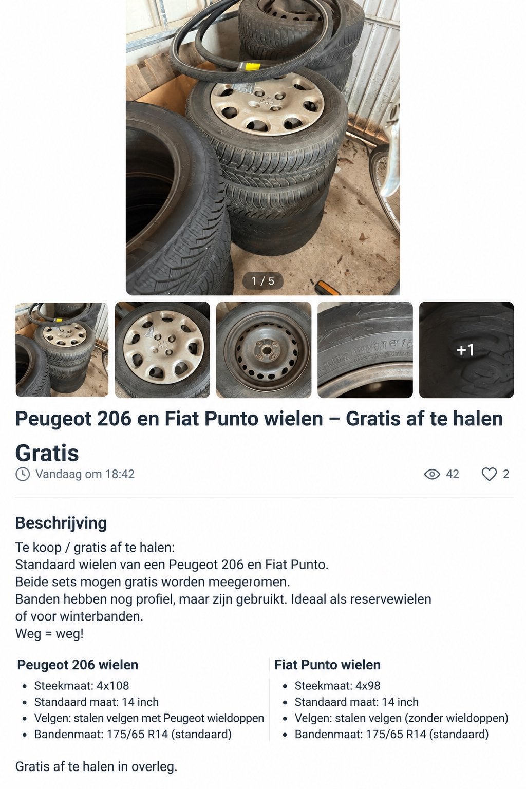 GRATIS : Peugeot 206 en Fiat Punto wielen / velgen / banden., Ophalen, Gebruikt