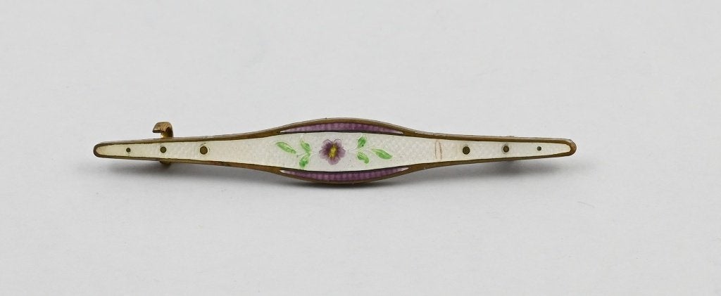 Art Deco guilloche emaille staaf broche bloemen, Sieraden, Tassen en Uiterlijk, Verzenden, Gebruikt, 4 tot 7 cm, Overige materialen