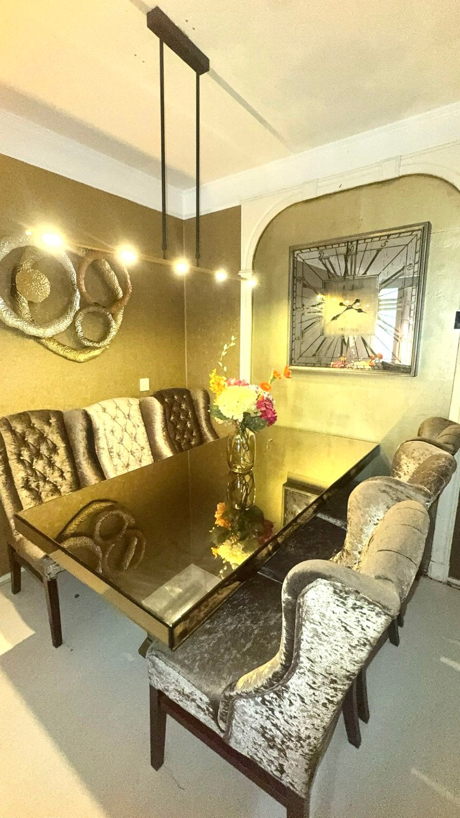 Luxe eetkamerset glazen design tafel + 6 velvet stoelen, Huis en Inrichting, Tafels | Eettafels, Ophalen, Hotel chic, Vijf personen of meer