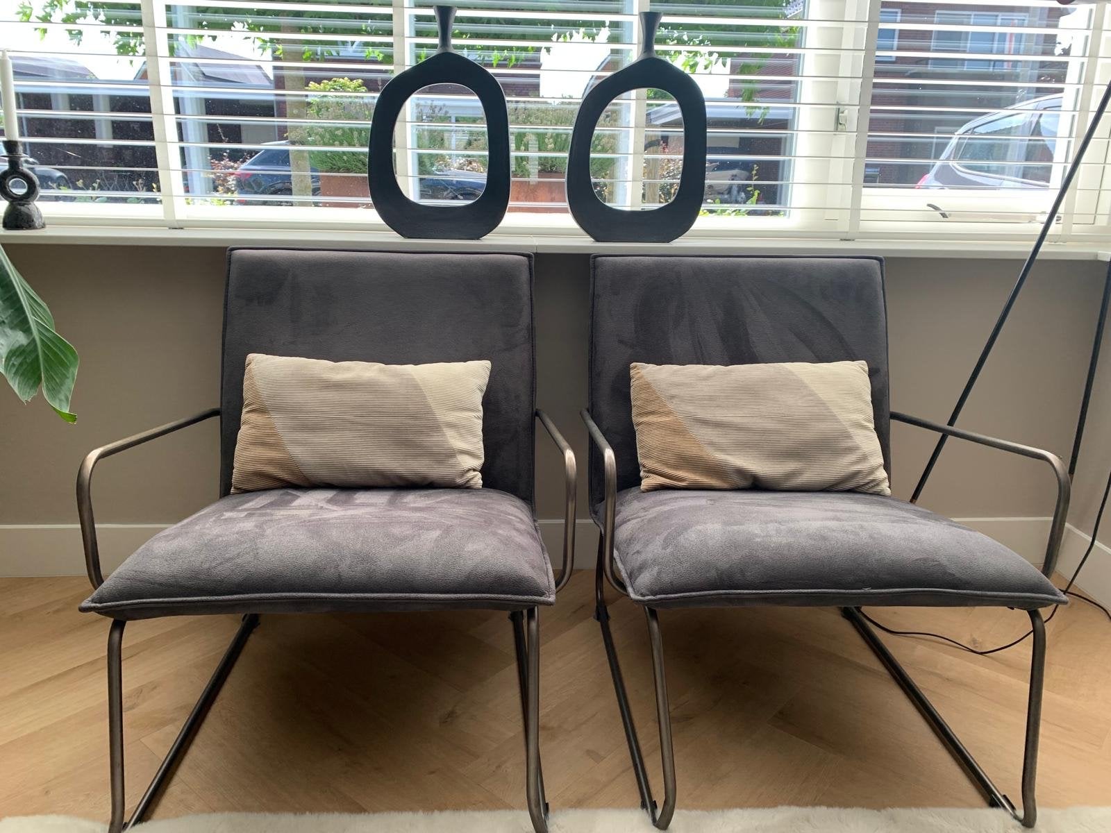 Set van 2 comfortabele fauteuils - Grijs stof en metaal, Ophalen, Twee, Zo goed als nieuw, Metaal