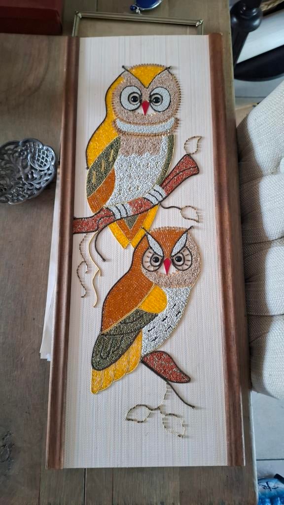 Vintage 2 uilen gravel art kleine steentjes kraaltjes retro, Ophalen of Verzenden, Huis en Inrichting