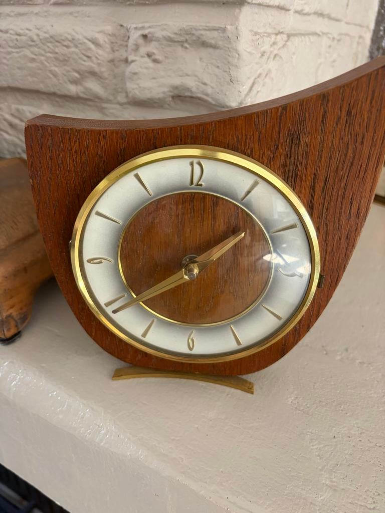 Vintage Nufa Schoorsteenmantelklok - Teakhout & Messing Jare, Antiek en Kunst, Ophalen
