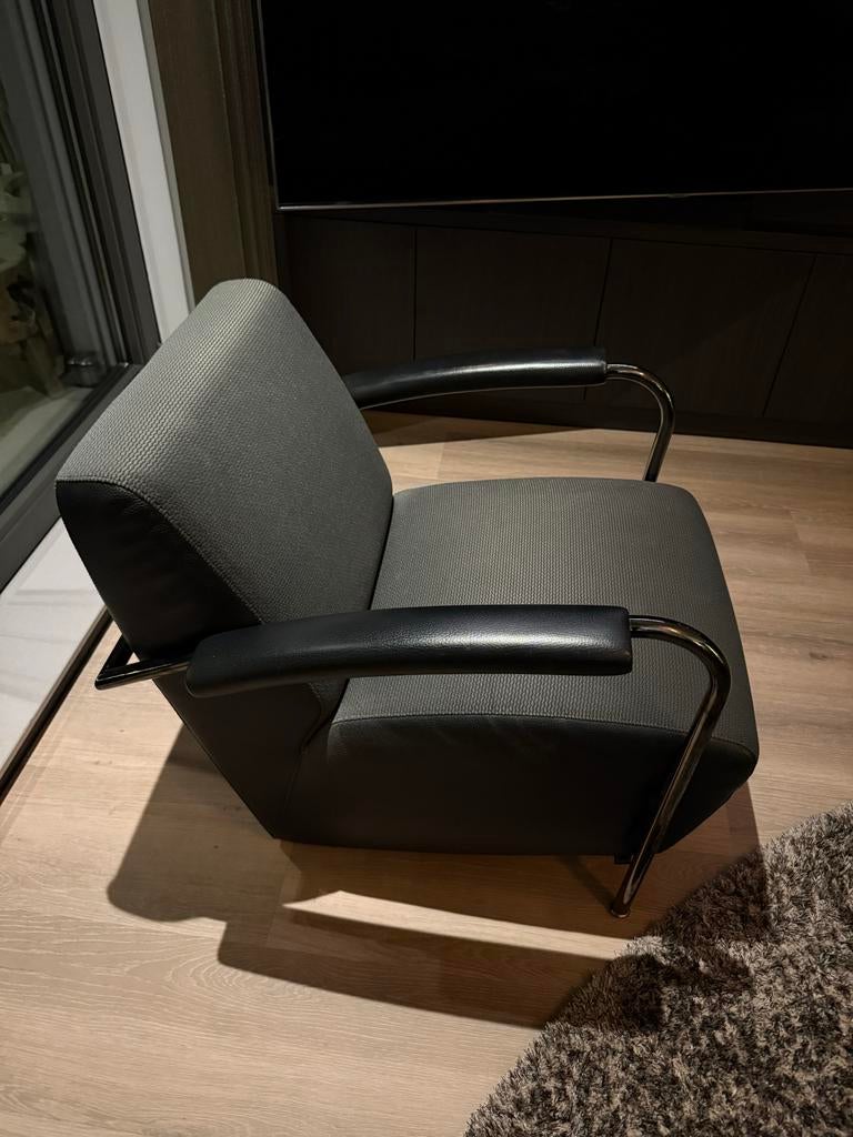 2 Leolux Scylla fauteuils+hocker - leer/stof - zwart/grijs, Ophalen, Twee, Zwart, Leer