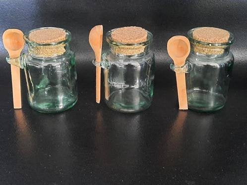 set van 3 glazen mosterdpotjes - kruidenpotjes- voorraadpot, Voorraadpot, Ophalen of Verzenden, Zo goed als nieuw, Glas