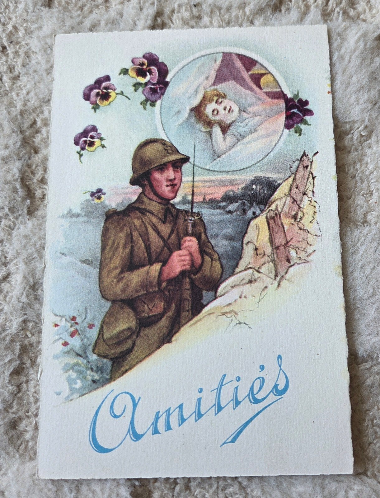 Oude ansichtkaart: Soldaat droomt van thuis (Amities), Verzenden, Voor 1920, Ongelopen, Overige thema's