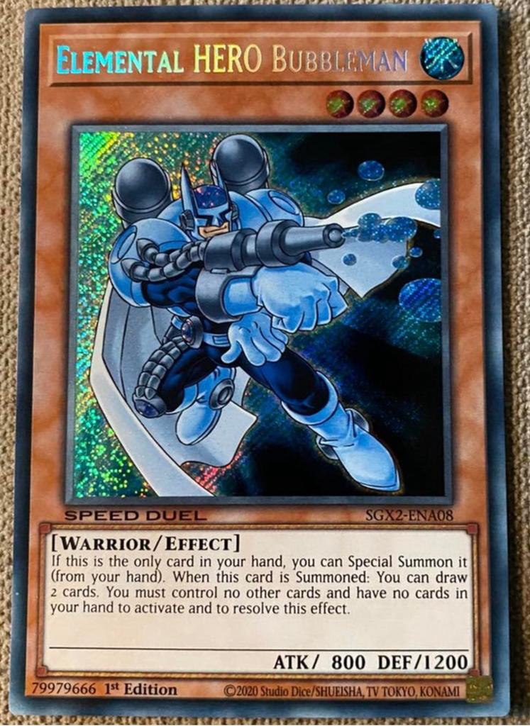 Yu-Gi-Oh! Elemental HERO Bubbleman SGX2 1st Ed Foil Bleed !, Ophalen of Verzenden, Zo goed als nieuw, Losse kaart, Foil