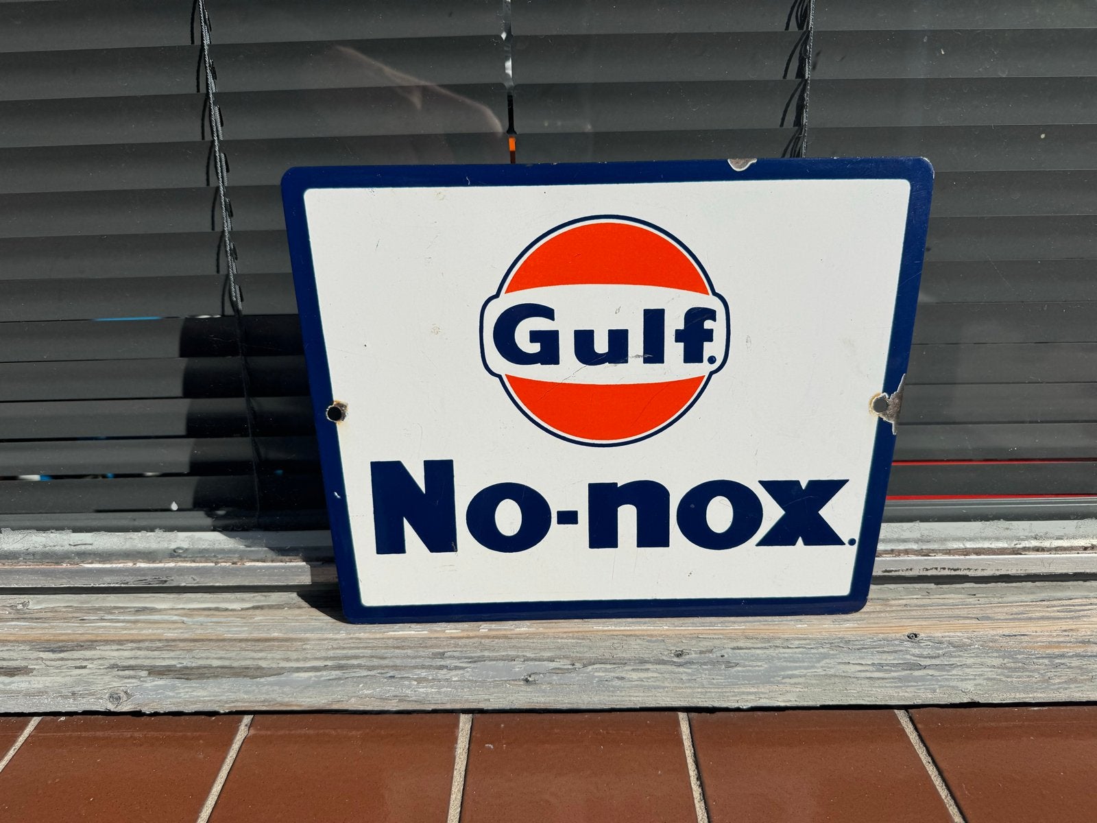 Vintage Gulf No-nox emaille Reclamebord, Verzamelen, Ophalen of Verzenden, Gebruikt, Reclamebord